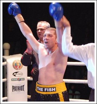 New UBO International Middleweight Champion Alexey Ribchev celebrates as he is declared a unanimous decision winner over Jurijs Boreiko on February 20 in Rousse, Bulgaria